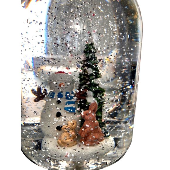 VTG Snow Globe With Snowman & Bunnies On Black Base, 10 in - Picture 2 of 4
